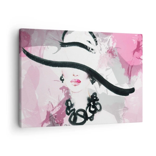 Obraz na płótnie - Elegancka kobieta w kapeluszu na tle różowych abstrakcji - 70x50cm - Portret damy w czerni i różu - Nowoczesna dekoracja ścienna do salonu i sypialni ARTTOR