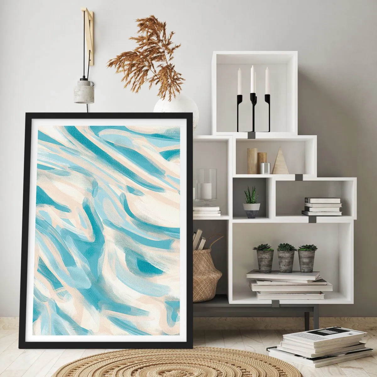 Plakat w czarnej ramie - Abstrakcyjne fale w błękitnych i beżowych odcieniach - 50x70cm - Wiosenne powiewy - Nowoczesna dekoracja ścienna do salonu i sypialni ARTTOR