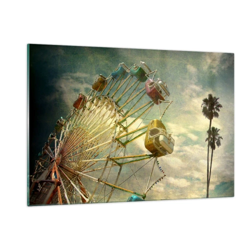 Obraz na szkle - Diabelski młyn na tle nieba i palm w stylu retro - 120x80cm - Będzie, będzie zabawa… - Nowoczesna dekoracja ścienna do salonu, kuchni i sypialni ARTTOR