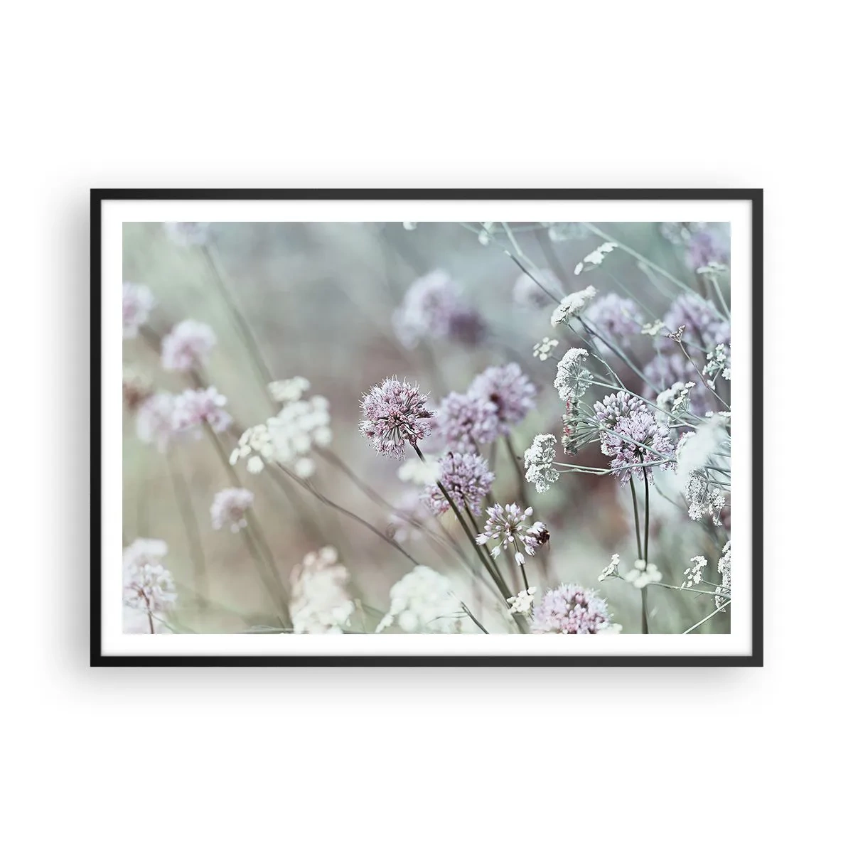 Plakat w czarnej ramie - Delikatne kwiaty w pastelowych odcieniach - 100x70cm - Słodkie filigrany ziół - Nowoczesna dekoracja ścienna do salonu i sypialni ARTTOR