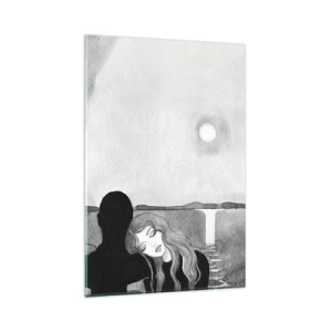 Obraz na szkle - Sylwetka kobiety opierającej głowę na ramieniu postaci w cieniu na tle księżyca i wodospadu - 80x120cm - Zawsze tajemnica - Nowoczesna dekoracja ścienna do salonu i sypialni ARTTOR
