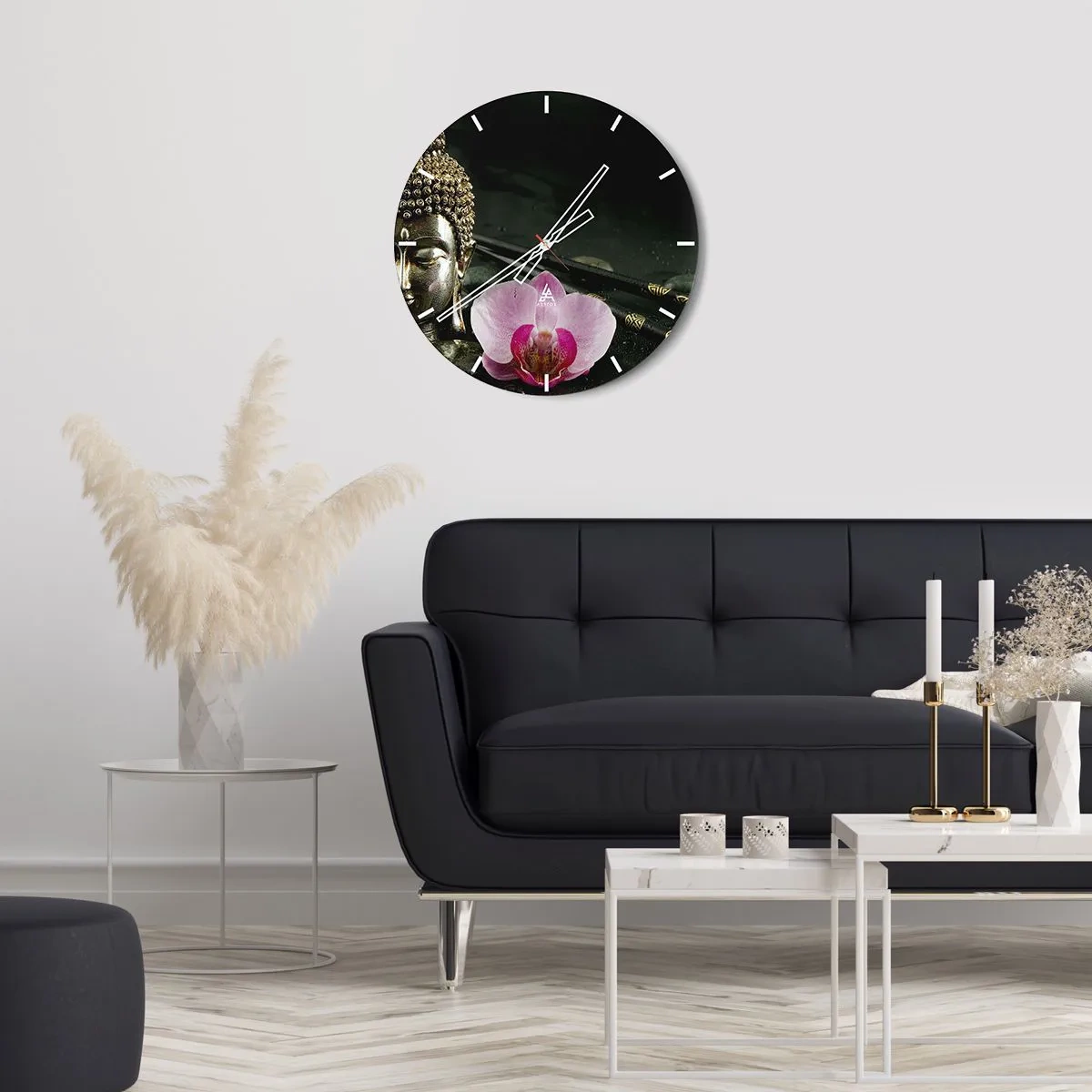 Zegar ścienny - Figura Buddy z orchideą w orientalnym stylu - 30x30cm - Harmonia mądrości i piękna - Nowoczesna dekoracja ścienna do salonu, kuchni i sypialni ARTTOR