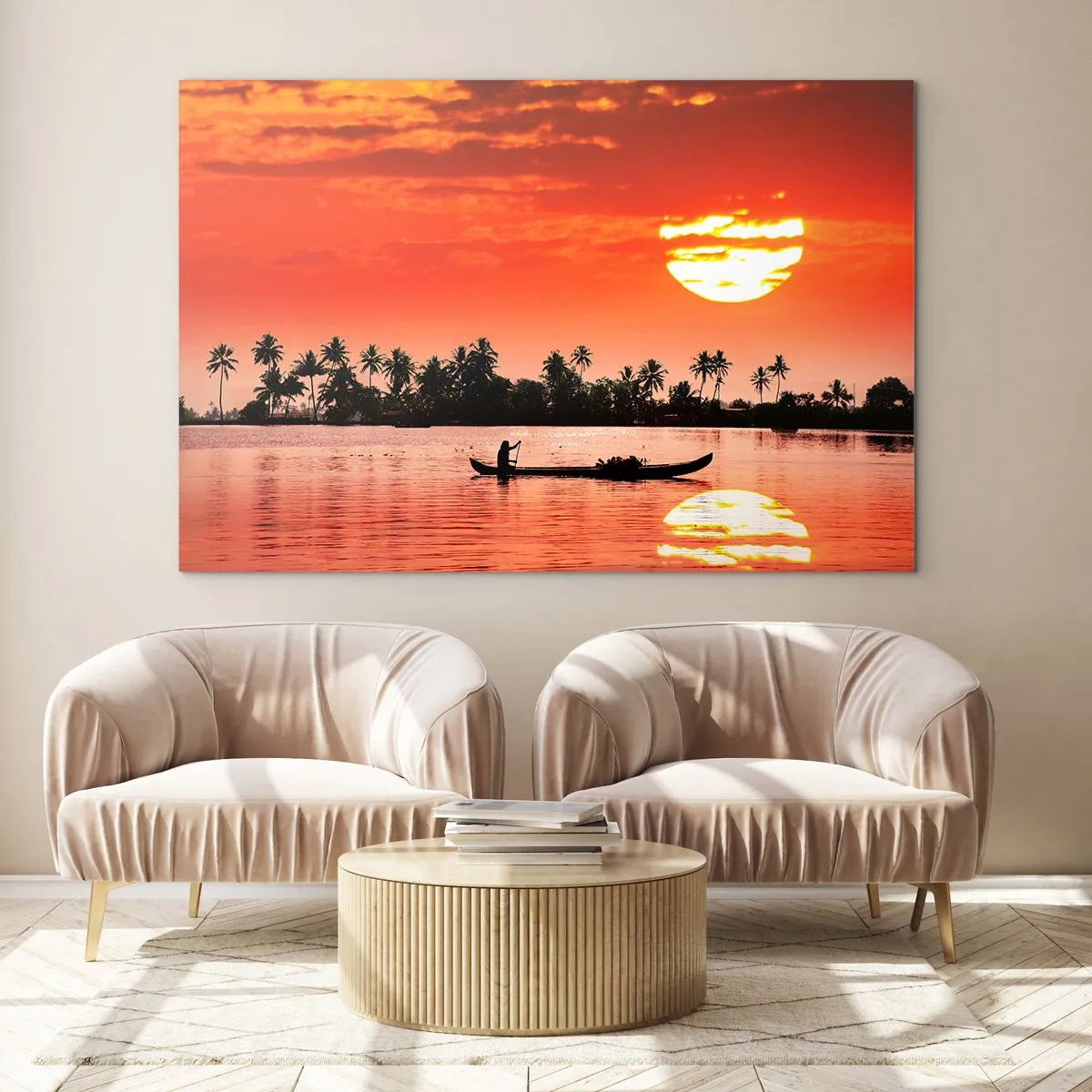 Obraz na szkle - Zachód słońca nad rzeką z palmami i łodzią - 120x80cm - Spokój tropików o zachodzie - Nowoczesna dekoracja ścienna do salonu, kuchni i sypialni ARTTOR