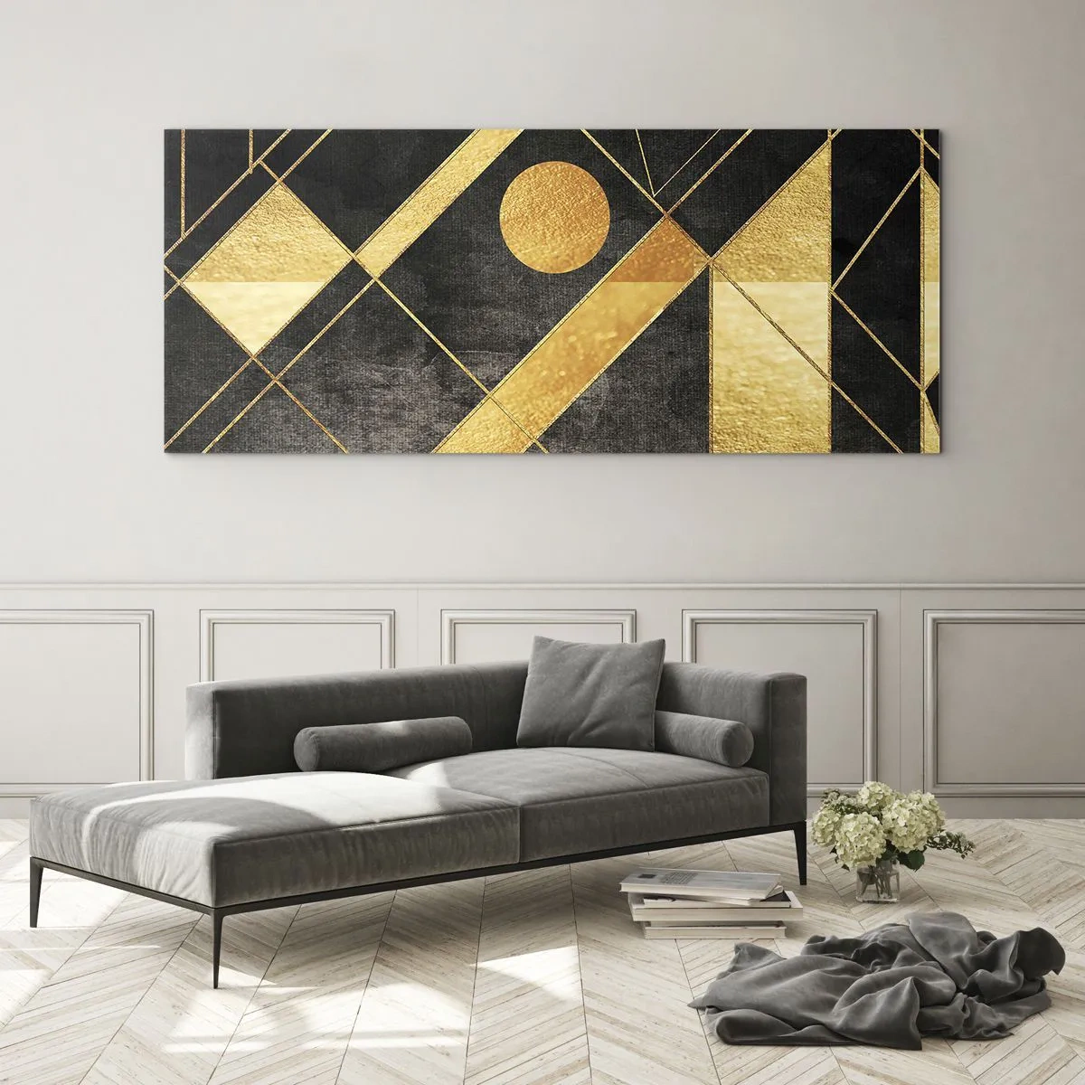 Obraz na szkle - Geometryczne kształty w złotych i czarnych tonacjach - 140x50cm - Słońce pustyni - Nowoczesna dekoracja ścienna do salonu i sypialni ARTTOR