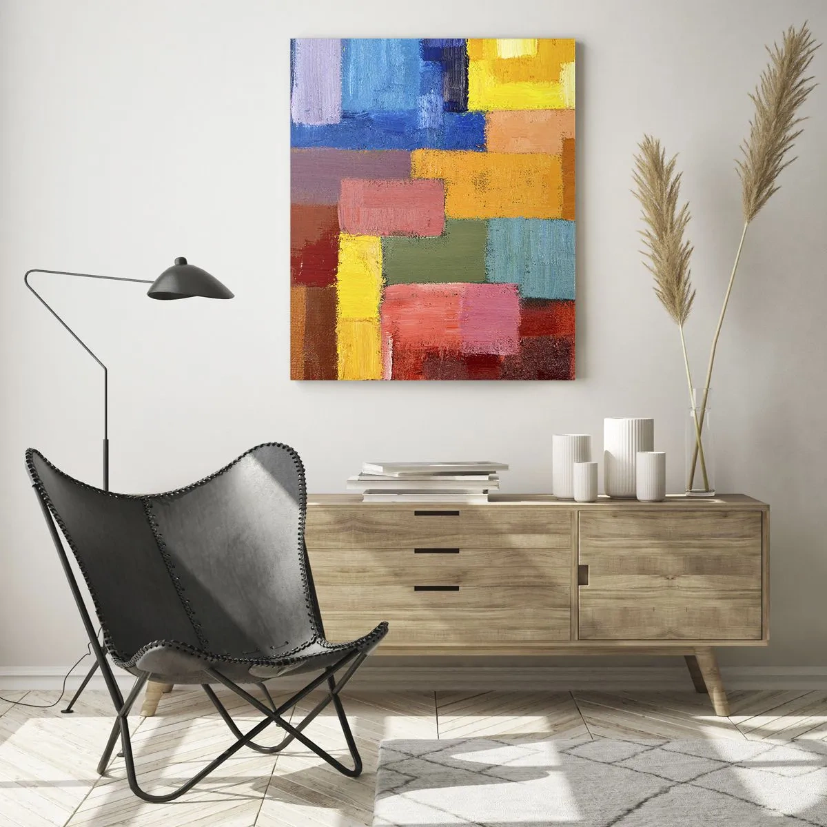 Obraz na szkle - Abstrakcyjna kompozycja kolorowych prostokątów - 50x70cm - Każdy inny, wszystkie barwne - Nowoczesna dekoracja ścienna do salonu, kuchni i sypialni ARTTOR