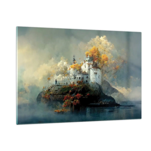 Obraz na szkle - Zamek na skale otoczony mgłą i jesiennymi drzewami - 120x80cm - Początek romantycznej opowieści - Nowoczesna dekoracja ścienna do salonu, kuchni i sypialni ARTTOR