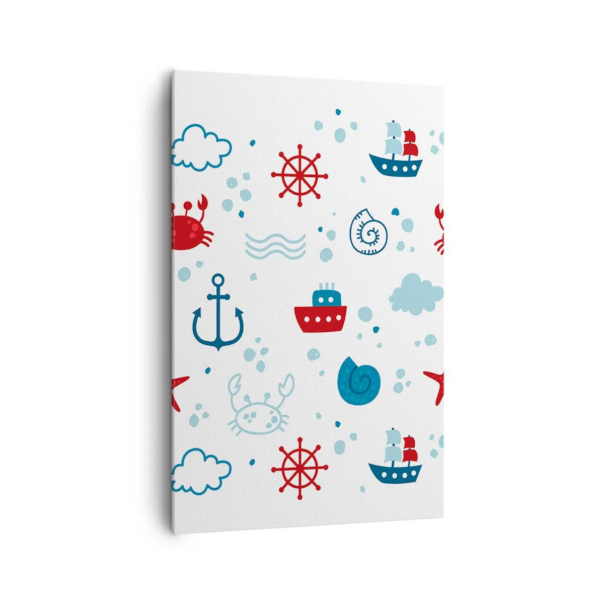 Obraz na płótnie - Morski wzór z kotwicami, statkami i krabami - 80x120cm - Morska bajka - Nowoczesna dekoracja ścienna do salonu i sypialni ARTTOR