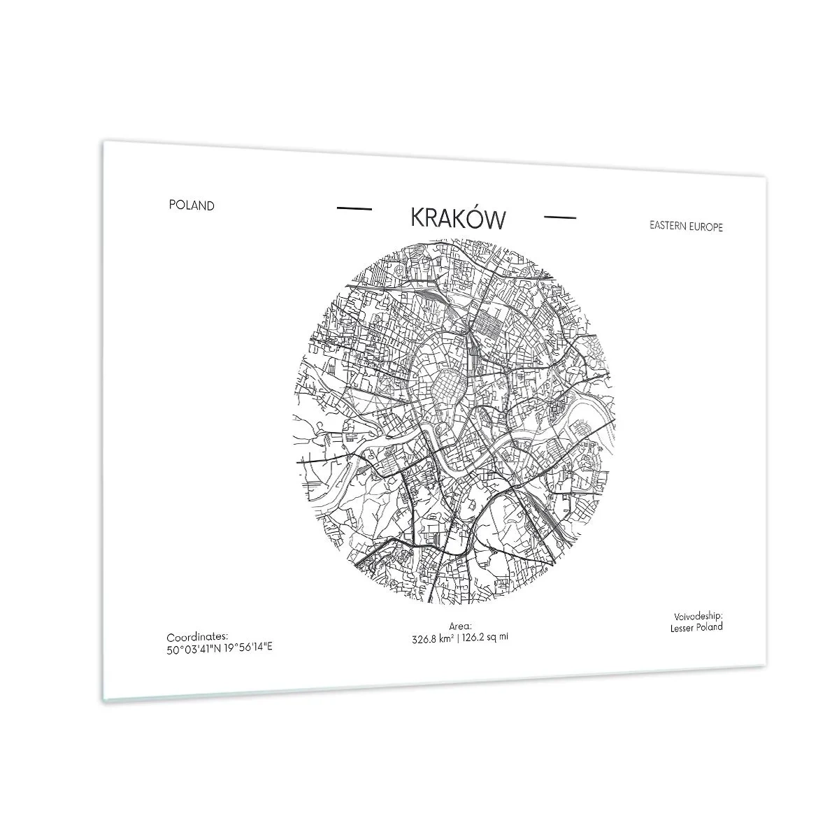 Obraz na szkle - Mapa Krakowa w stylu czarno-białej ilustracji - 70x50cm - Anatomia Krakowa - Nowoczesna dekoracja ścienna do salonu i sypialni ARTTOR