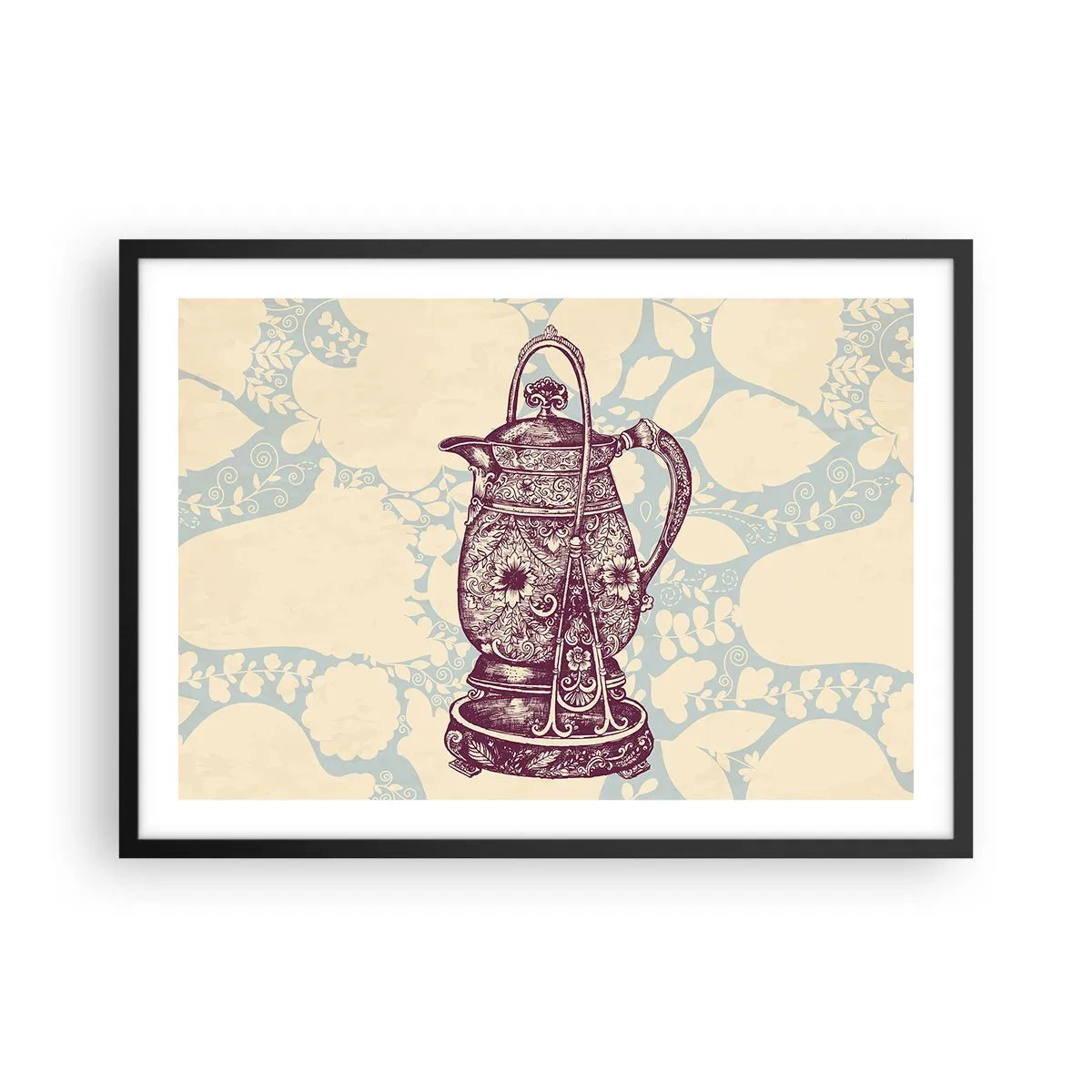 Plakat w czarnej ramie - Stylizowany dzbanek z ornamentami na tle kwiatowym - 70x50cm - Uroda codzienności - Nowoczesna dekoracja ścienna do salonu i sypialni ARTTOR
