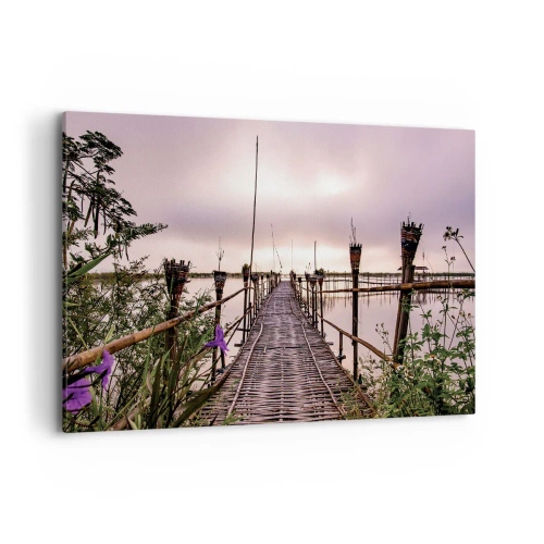 Obraz na płótnie - Bambusowy most na wodzie o świcie - 100x70cm - Spokój i cisza Azji - Nowoczesna dekoracja ścienna do salonu, kuchni i sypialni ARTTOR