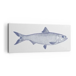 Obraz na płótnie - Ilustracja ryby w odcieniach niebieskiego na jasnym tle - 120x50cm - Pozdrowienia z północnych mórz - Nowoczesna dekoracja ścienna do salonu i sypialni ARTTOR