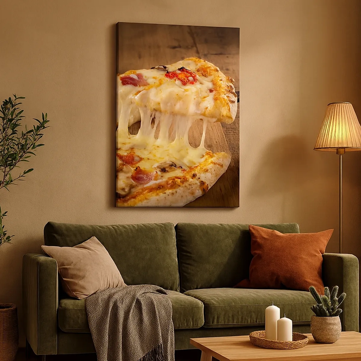 Obraz na płótnie - Kawałek pizzy z roztopionym serem i dodatkami na drewnianym stole - 50x70cm - Arcydzieło sztuki włoskiej - Nowoczesna dekoracja ścienna do salonu, kuchni i sypialni ARTTOR