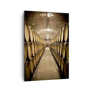 Obraz na płótnie - Piwnica z beczkami wina ustawionymi w rzędach pod ceglanym sklepieniem - 50x70cm - W murowanej piwnicy - Nowoczesna dekoracja ścienna do salonu, kuchni i sypialni ARTTOR