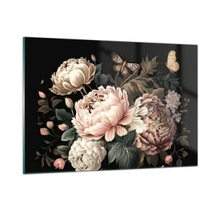 Obraz na szkle - Kwiatowa kompozycja z motylami na czarnym tle - 120x80cm - W barokowym stylu - Nowoczesna dekoracja ścienna do salonu, kuchni i sypialni ARTTOR