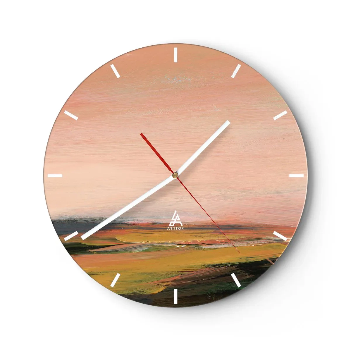 Zegar ścienny - Pejzaż malowany w odcieniach różu, pomarańczu i zieleni - 30x30cm - W różowej tonacji - Nowoczesna dekoracja ścienna do salonu, kuchni i sypialni ARTTOR