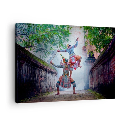 Obraz na płótnie - Tradycyjny taniec w historycznej scenerii z murem i drzewami - 70x50cm - Taniec zabójczo piękny - Nowoczesna dekoracja ścienna do salonu i sypialni ARTTOR