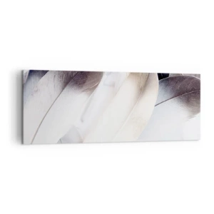 Obraz na płótnie - Zbliżenie na delikatne pióra w odcieniach bieli i szarości - 140x50cm - Niemal anielskie - Nowoczesna dekoracja ścienna do salonu i sypialni ARTTOR