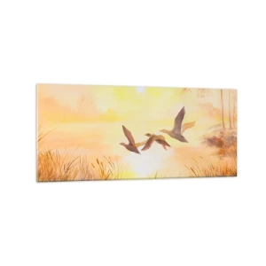 Obraz na szkle - Lecące kaczki o wschodzie słońca nad jeziorem - 120x50cm - Początek dalekiej podróży - Nowoczesna dekoracja ścienna do salonu i sypialni ARTTOR