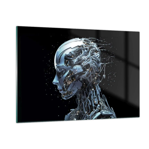 Obraz na szkle - Profil kobiecego robota z przewodami i mechanizmami - 120x80cm - Technologia jest kobietą - Nowoczesna dekoracja ścienna do salonu, kuchni i sypialni ARTTOR