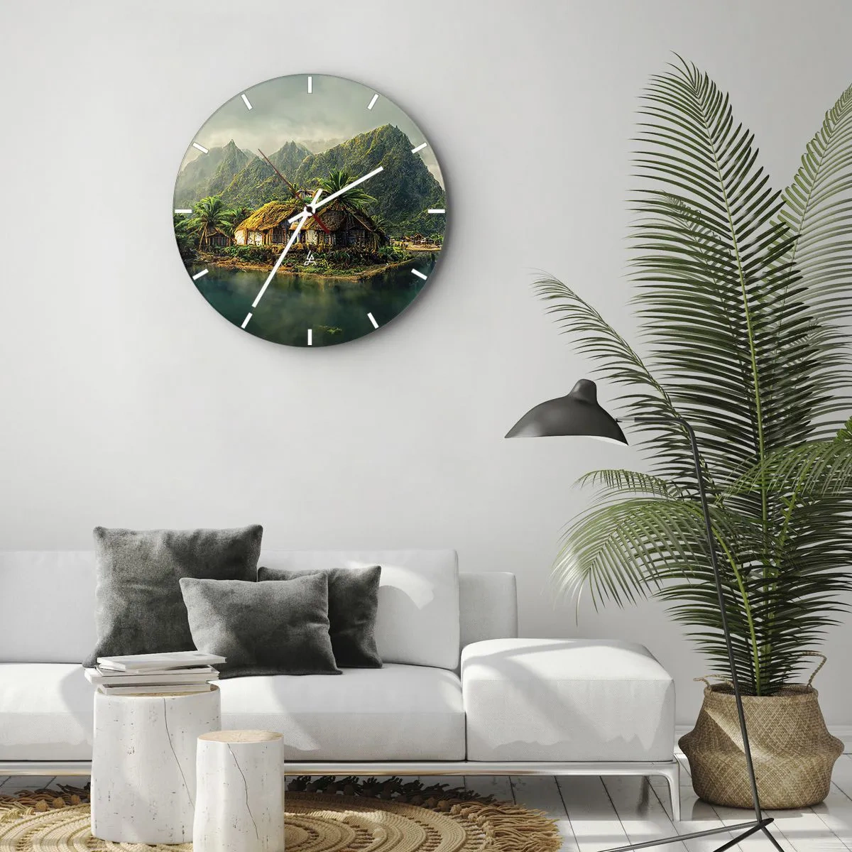 Zegar ścienny - Chaty z palmami nad wodą w otoczeniu tropikalnych gór - 30x30cm - Tropikalny raj - Nowoczesna dekoracja ścienna do salonu, kuchni i sypialni ARTTOR