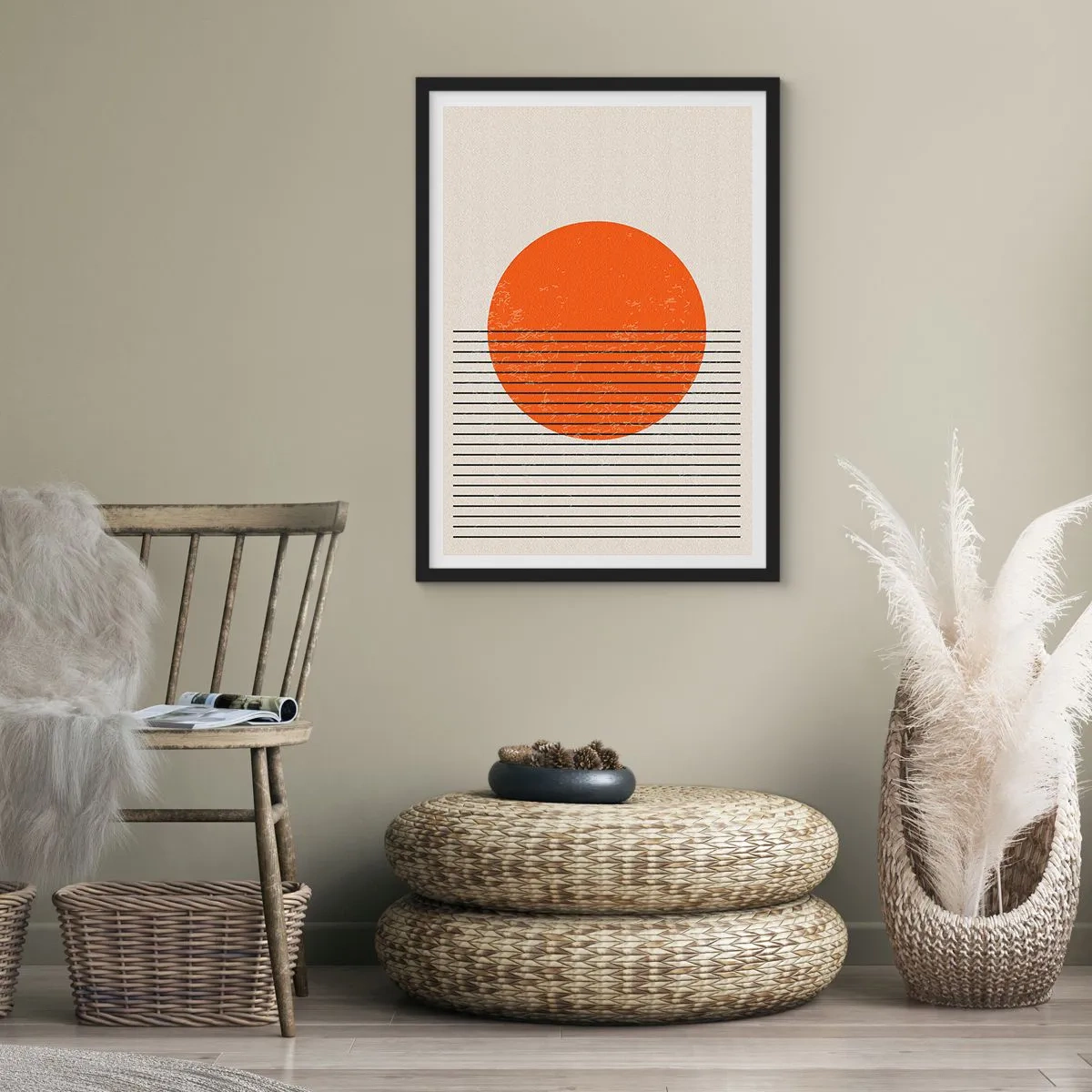 Plakat w czarnej ramie - Minimalistyczny zachód słońca w geometrycznej formie - 50x70cm - Zawsze słońce - Nowoczesna dekoracja ścienna do salonu i sypialni ARTTOR