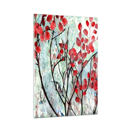 Obraz na szkle - Czerwone liście na tle jasnego nieba z abstrakcyjnymi wzorami - 80x120cm - Drzewo w szkarłacie - Nowoczesna dekoracja ścienna do salonu i sypialni ARTTOR