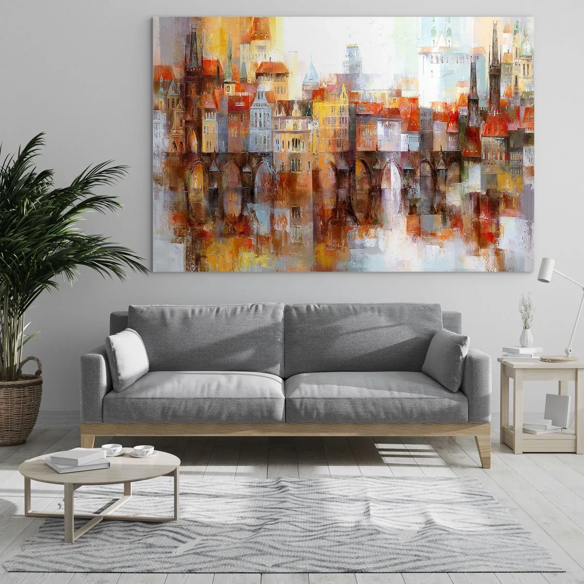 Obraz na szkle - Kolorowa panorama miasta z mostem i odbiciem w wodzie - 70x50cm - Pod mostem też pięknie - Nowoczesna dekoracja ścienna do salonu i sypialni ARTTOR