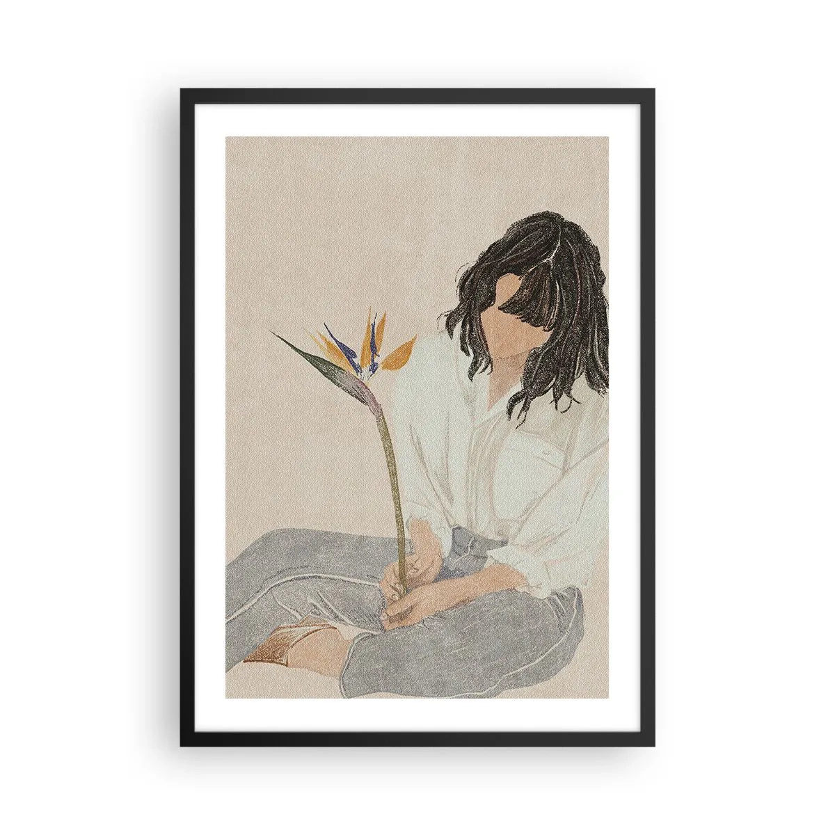 Plakat w czarnej ramie - Portret kobiety trzymającej egzotyczny kwiat, z delikatnym akcentem kolorów - 50x70cm - Portret z egzotycznym kwiatem - Nowoczesna dekoracja ścienna do salonu i sypialni ARTTOR