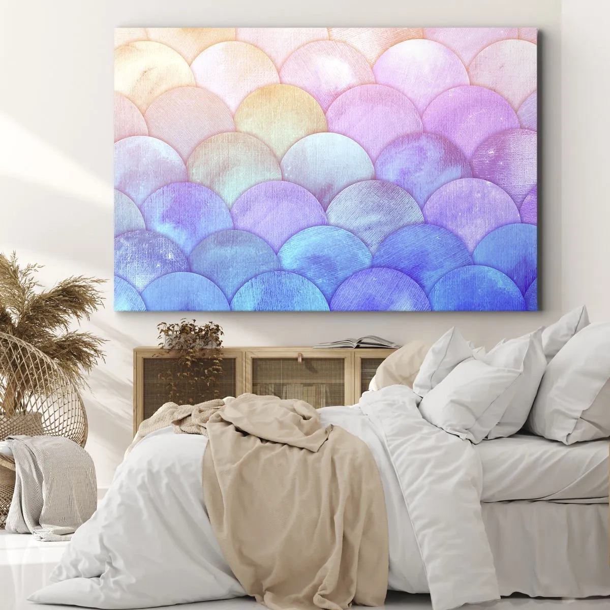 Obraz na płótnie - Abstrakcyjne łuski w pastelowych odcieniach - 70x50cm - Perłowa łuska - Nowoczesna dekoracja ścienna do salonu i sypialni ARTTOR