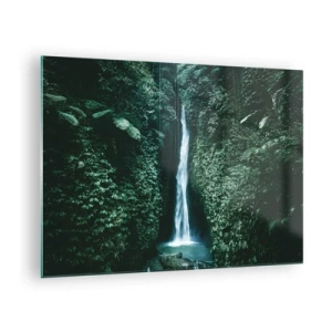Obraz na szkle - Wodospad pośród gęstej tropikalnej roślinności - 70x50cm - Tropikalny zdrój - Nowoczesna dekoracja ścienna do salonu i sypialni ARTTOR