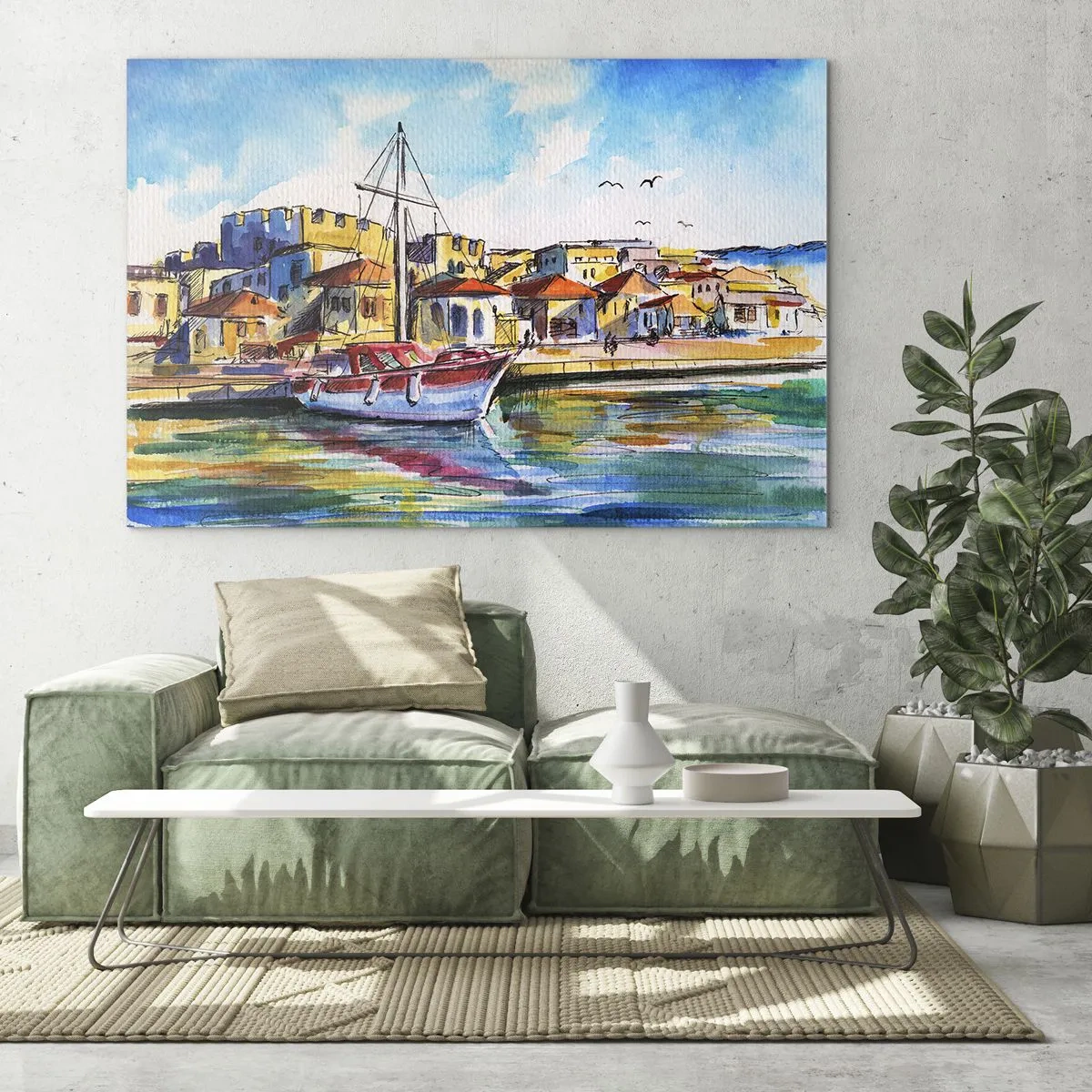 Obraz na szkle - Kolorowa marina z żaglówką i śródziemnomorską zabudową - 120x80cm - Tęczowe popołudnie - Nowoczesna dekoracja ścienna do salonu, kuchni i sypialni ARTTOR