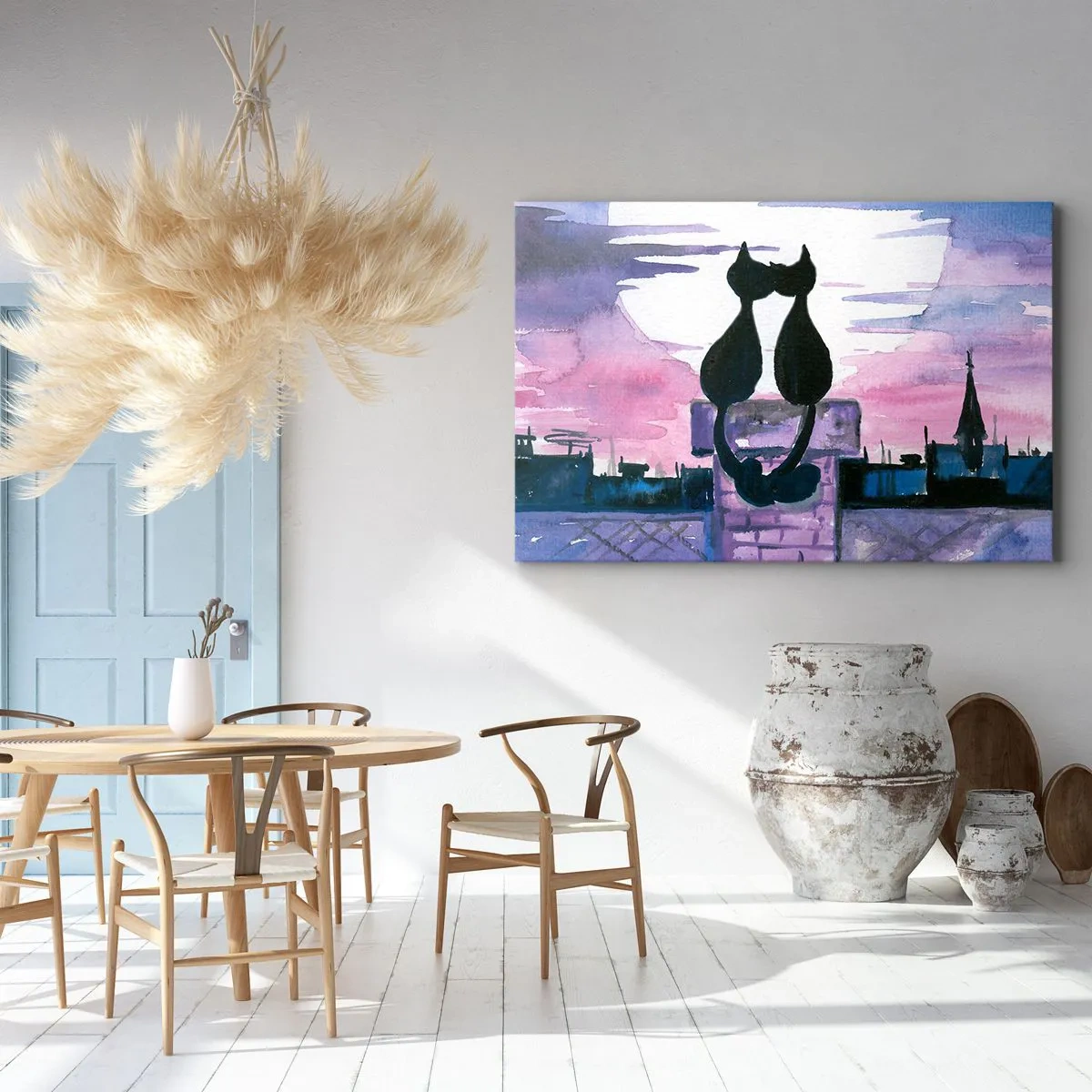 Obraz na płótnie - Czarne koty na dachu w świetle księżyca w akwarelowej scenerii - 70x50cm - Rendez-vous pod księżycem - Nowoczesna dekoracja ścienna do salonu i sypialni ARTTOR