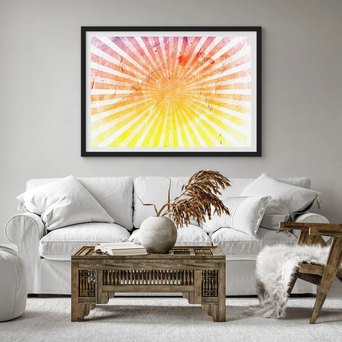 Plakat w czarnej ramie - Promienie słońca w odcieniach pomarańczu i żółci - 70x50cm - Wschody i zachody - Nowoczesna dekoracja ścienna do salonu i sypialni ARTTOR