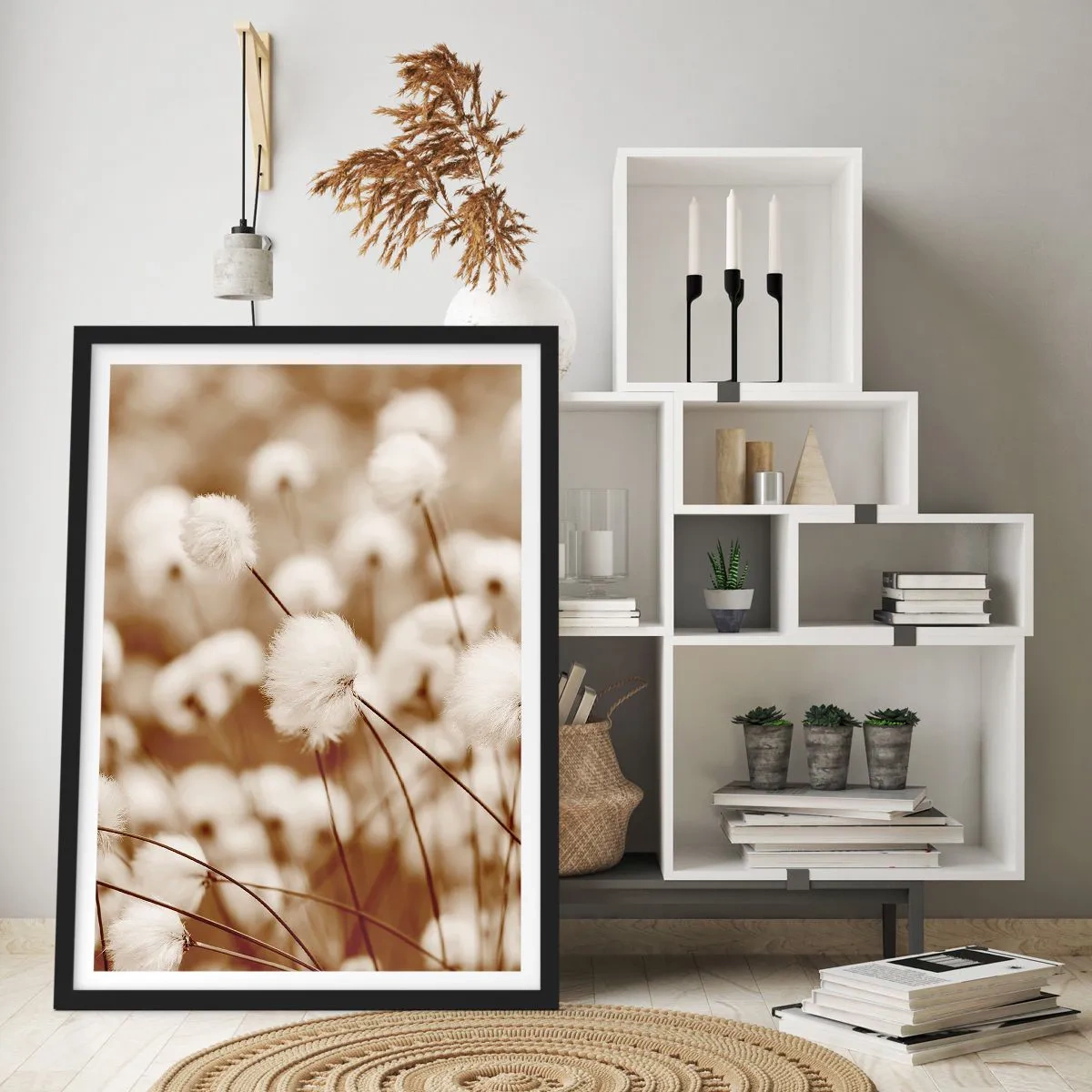 Plakat w czarnej ramie - Puszyste źdźbła traw w delikatnym ujęciu - 50x70cm - Puszysty łan - Nowoczesna dekoracja ścienna do salonu i sypialni ARTTOR