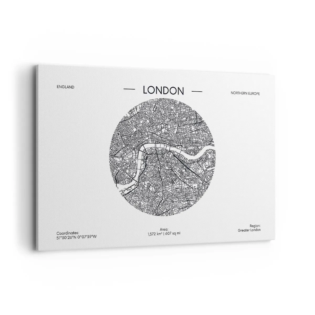 Obraz na płótnie - Minimalistyczna mapa Londynu w czarno-białej kolorystyce z precyzyjnymi detalami - 120x80cm - Anatomia Londynu - Nowoczesna dekoracja ścienna do salonu, kuchni i sypialni ARTTOR