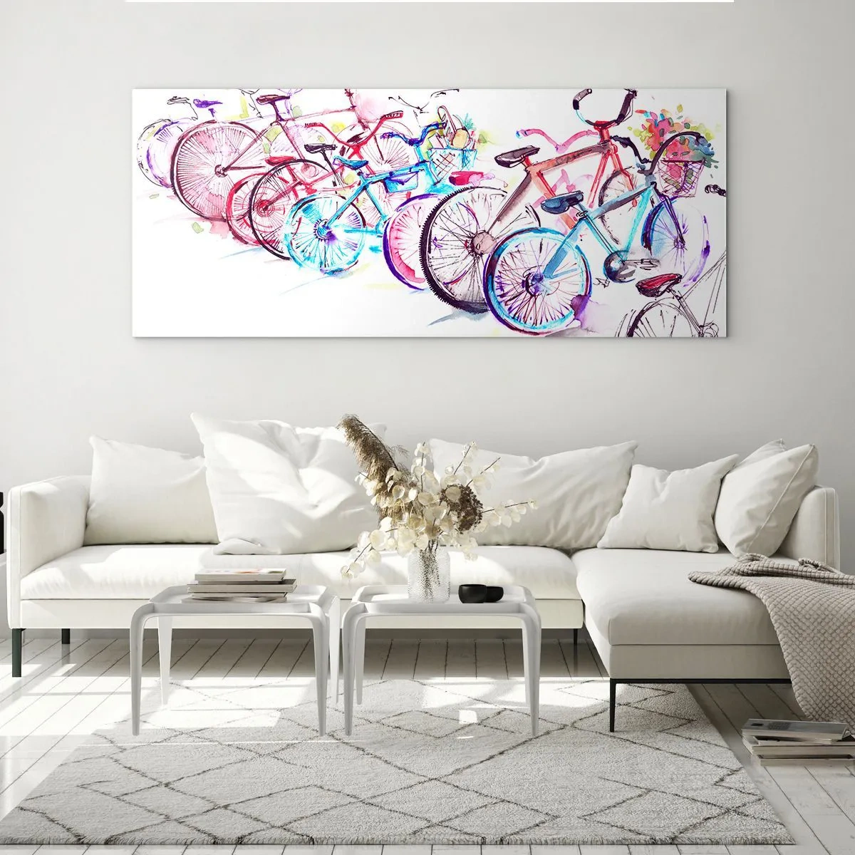 Obraz na szkle - Kolorowe rowery w artystycznym stylu akwarelowym - 160x50cm - Zjazd klubu Antymoto - Nowoczesna dekoracja ścienna do salonu i sypialni ARTTOR