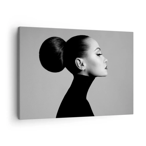 Obraz na płótnie - Profil kobiety w czerni i bieli z eleganckim kokiem - 70x50cm - Współczesna Nefretete - Nowoczesna dekoracja ścienna do salonu i sypialni ARTTOR