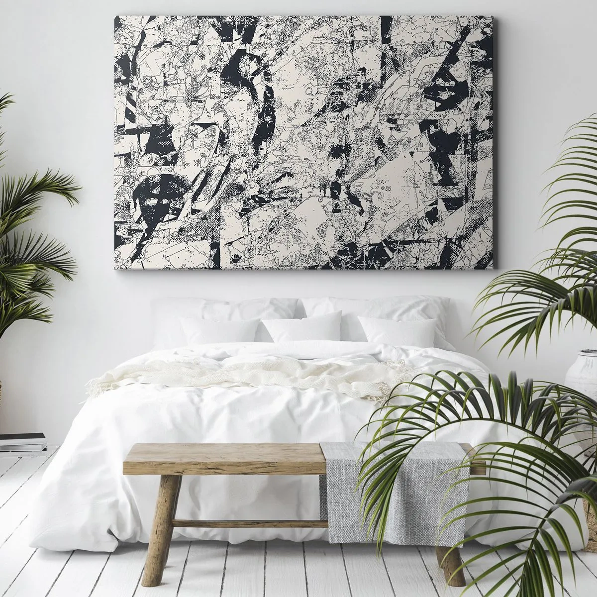 Obraz na płótnie - Abstrakcyjna kompozycja w czerni i bieli z dynamicznym układem - 70x50cm - Przenikanie przeciwieństw - Nowoczesna dekoracja ścienna do salonu i sypialni ARTTOR