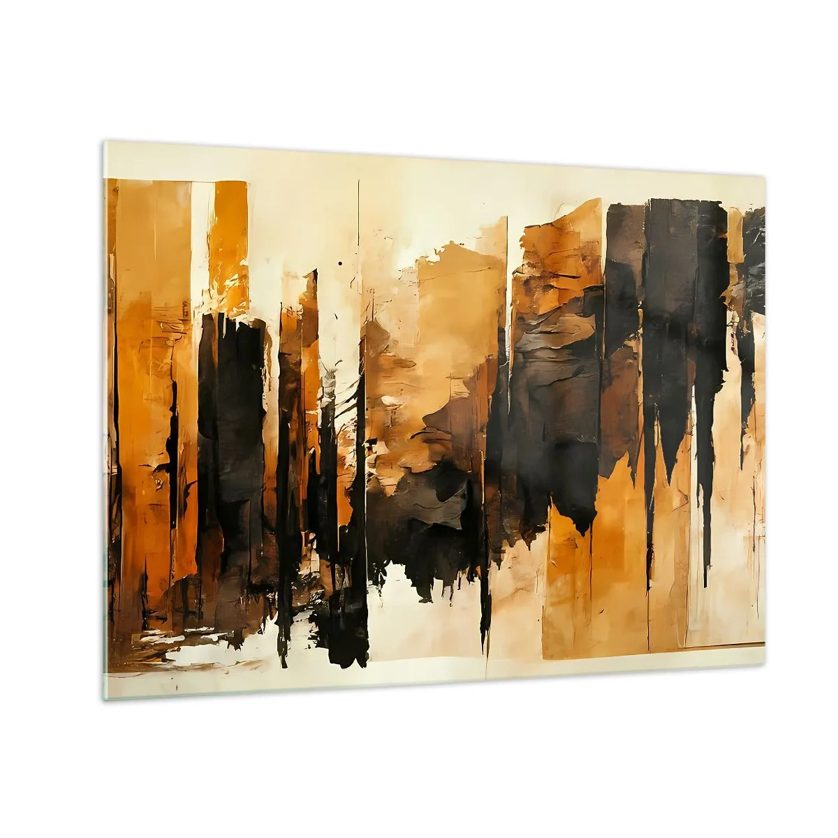 Obraz na szkle - Złoto-brązowa abstrakcja z pionowymi strukturami - 70x50cm - Harmonia czerni i złota - Nowoczesna dekoracja ścienna do salonu i sypialni ARTTOR