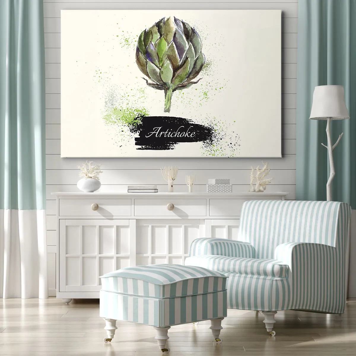 Obraz na płótnie - Akwarelowy karczoch z napisem na jasnym tle z zielonymi akcentami - 70x50cm - Eviva warzywa! - Nowoczesna dekoracja ścienna do salonu i sypialni ARTTOR
