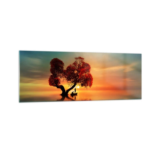 Obraz na szkle - Drzewo o czerwonych liściach i łódź na wodzie o zachodzie słońca - 140x50cm - Oddaleńcy i ciszyzna bezświata - Nowoczesna dekoracja ścienna do salonu i sypialni ARTTOR