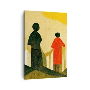 Obraz na płótnie - Geometryczne sylwetki w kolorze czerwieni i zieleni na żółtym tle - 70x100cm - Jeszcze daleka droga - Nowoczesna dekoracja ścienna do salonu i sypialni ARTTOR