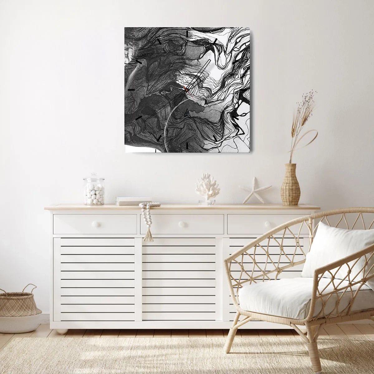 Zegar ścienny - Abstrakcyjna twarz w czerni i bieli z dynamicznymi liniami - 30x30cm - Zaplątana w marzeniach - Nowoczesna dekoracja ścienna do salonu i sypialni ARTTOR