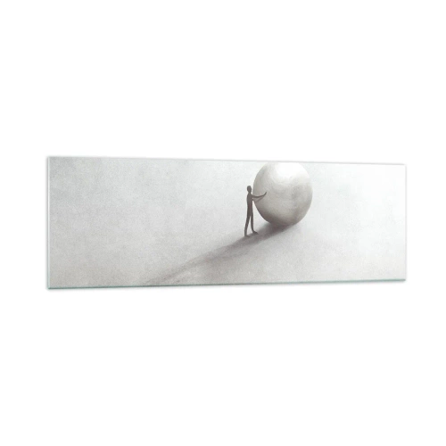 Obraz na szkle - Minimalistyczna postać z kulą na jasnym, monochromatycznym tle - 160x50cm - Gra życia - Nowoczesna dekoracja ścienna do salonu i sypialni ARTTOR