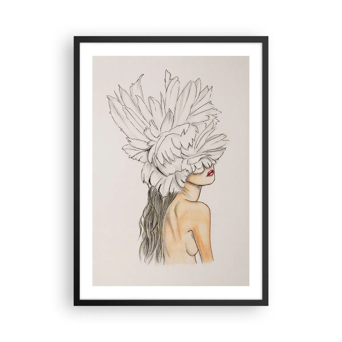 Plakat w czarnej ramie - Portret kobiety z kapeluszem z piór w artystycznym stylu - 50x70cm - Piękność ukoronowana - Nowoczesna dekoracja ścienna do salonu i sypialni ARTTOR