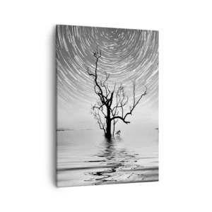 Obraz na płótnie - Samotne drzewo w wodzie na tle nocnego nieba z gwiezdnymi śladami - 50x70cm - Symfonia natury - Nowoczesna dekoracja ścienna do salonu, kuchni i sypialni ARTTOR