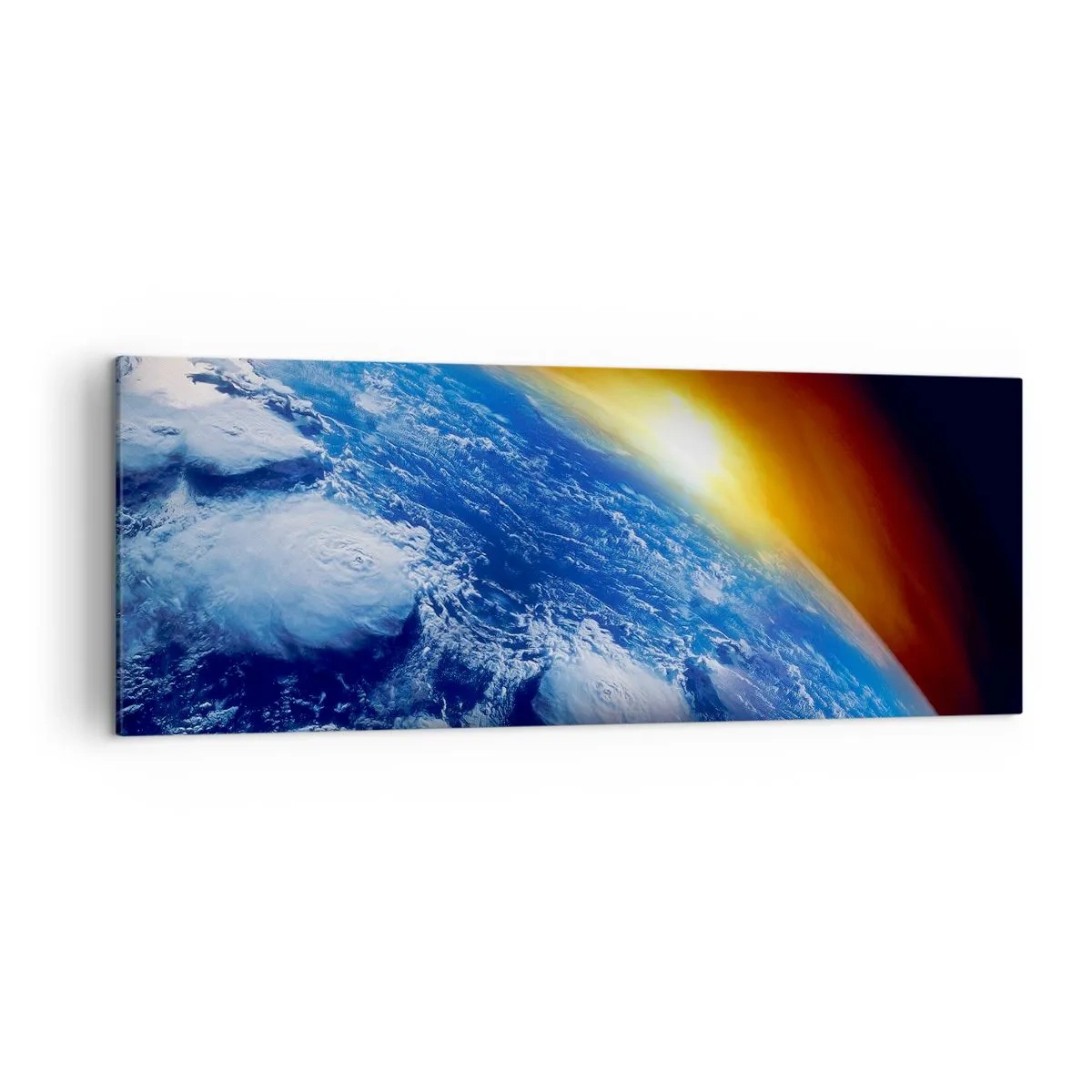 Obraz na płótnie - Widok na Ziemię z kosmosu przy zachodzącym słońcu - 140x50cm - Wschód słońca nad błękitną planetą - Nowoczesna dekoracja ścienna do salonu i sypialni ARTTOR