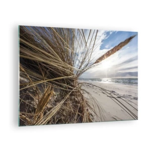 Obraz na szkle - Złote trawy na tle piaszczystej plaży i morza - 70x50cm - Spotkanie żywiołów - Nowoczesna dekoracja ścienna do salonu i sypialni ARTTOR