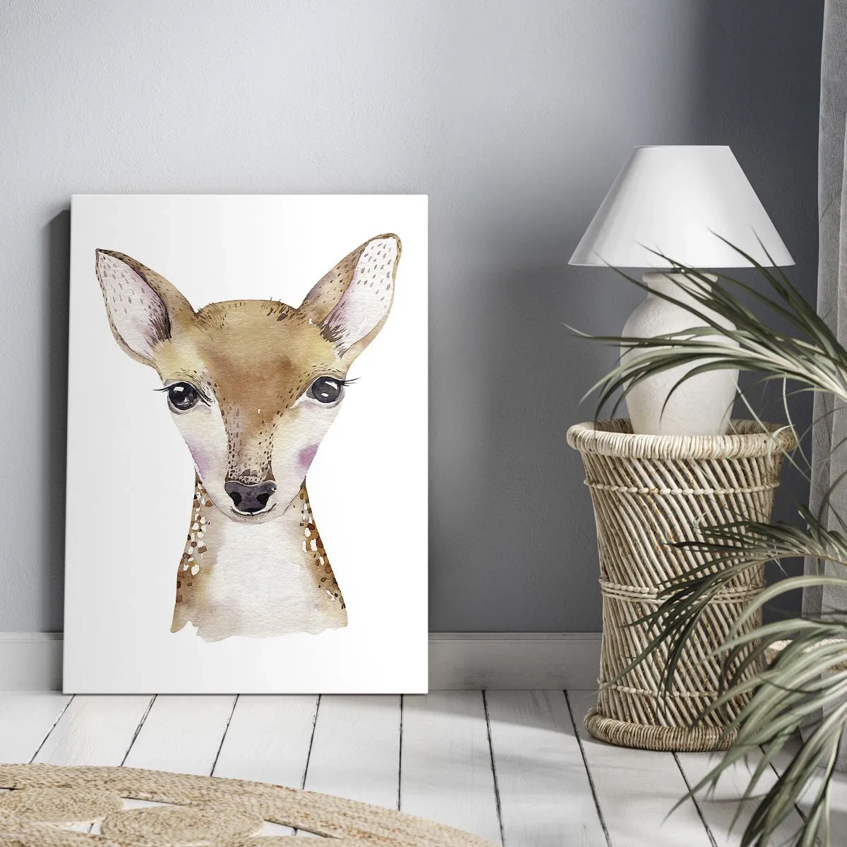 Obraz na płótnie - Portret akwarelowy młodej sarny na białym tle - 70x100cm - Natura niewinności - Nowoczesna dekoracja ścienna do salonu i sypialni ARTTOR