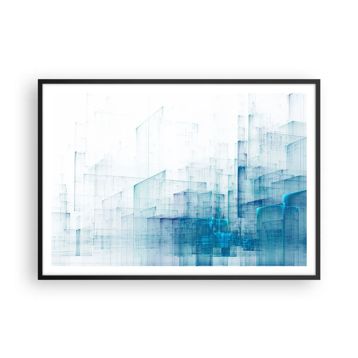Plakat w czarnej ramie - Abstrakcyjne kształty geometryczne w odcieniach błękitu - 100x70cm - Jak stała się przestrzeń - Nowoczesna dekoracja ścienna do salonu i sypialni ARTTOR